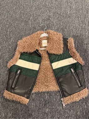 CALI 1850 Sherpa Faux Leather Moto Vest Brown Green Cream Size L Like New
